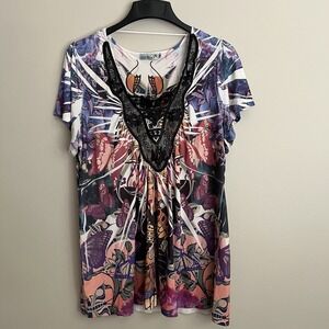 Unity Women Boho Whimsigoth Top Embellished Short-Sleeve Butterfly Plus Size 1X